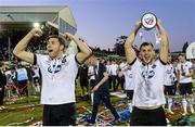 20 September 2014; Dundalk player's Brian Gartland, left, and Patrick Hobin celebrate with the cup after the game. EA Sports Cup Final, Dundalk v Shamrock Rovers. Oriel Park, Dundalk, Co. Louth. Picture credit: Oliver McVeigh / SPORTSFILE