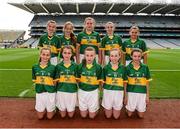 21 September 2014; Representing Kerry, back row, from left, Shauna O’Neill, Queen of the Universe NS, Co. Carlow, Mary Ni Chonaill, Gaelscoil Mhic Easmainn, Co Kerry, Eva O’Sullivan, Scoil Mhuire NS, Co. Cork, Éabha Coleman, Mount Anville PS, Co. Dublin, and Mollie McCormack, Scoil Damian, Co. Dublin. Front row, from left, Emma Duggan, Dunboyne SNS, Co. Meath, Kira Bates Crosbie, Kilmore NS, Co. Wexford, Ciara Quinn, Monksland NS, Co. Louth, Aoife Kennedy, Ballyduff Upper NS, Co. Waterford, and Molly Cummins, Cappawhite NS, Co. Tipperary, during the INTO/RESPECT Exhibition GoGames. Croke Park, Dublin. Picture credit: Pat Murphy / SPORTSFILE
