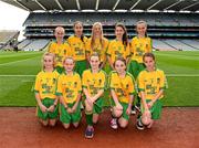 21 September 2014; Representing Donegal, back row, from left, Amy Sexton, Mullagh NS, Co. Clare, Megan Delaney, Bekan NS, Co. Mayo, Leah Brady, St Mary’s NS, Co. Cavan, Erin Forbes, St. Patrick’s PS, Co. Tyrone, and Kayleigh Shine, Cornafulla NS, Co. Roscommon. Front row, from left, Eadaoin Byrne, St Kenny NS, Co. Westmeath, Katie Teague, St Joseph's PS, Co. Fermanagh, Orla McGonigle, St Colmcille’s PS, Co. Derry, Sinéad McNabola, Mohill NS, Co. Leitrim, and Grainne Pracht, Castleknock NS, Co. Mayo, during the INTO/RESPECT Exhibition GoGames. Croke Park, Dublin. Picture credit: Pat Murphy / SPORTSFILE