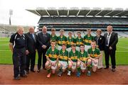 21 September 2014; Uachtarán Chumann Lúthchleas Gael Liam Ó Néill, with, from left, Pat Monaghan, mentor, Pat Quill, President of the Ladies Football Association, Maireád Ó Cullaghan, Secretary of Cumann na mBunscoil, and Sean McMahon, President of the I.N.T.O. Representing Kerry, back row, from left, Kelly, St Brigid’s NS, Co Carlow, Diarmuid O’Mahony, Lisselton NS, Co Kerry, Aidan McLarnon, St Andrew’s Curragha NS, Co Meath, Tom Marsden, Lisnagry NS, Co Limerick, Matthew Ging, St Brigid’s NS, Co Wicklow. Front row from left, Andrew Roe, Pope John Paul NS, Co Dublin, Conor Leen, Gaelscoil Mhíchíl Cíosóg, Co. Clare, Daire Murphy, Divine Mercy SNS, Co Dublin, Brendan Creegan, Killasonna NS, Co Longford, and Conor Raftery, St Joseph’s NS, Co Galway, during the INTO/RESPECT Exhibition GoGames. Croke Park, Dublin. Picture credit: Pat Murphy / SPORTSFILE