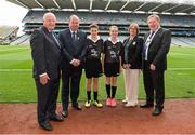 21 September 2014; Uachtarán Chumann Lúthchleas Gael Liam Ó Néill, with, from left, Pat Quill, President of the Ladies Football Association, referees Referee Tomás Killen, Star of the Sea, Co Cork, and Aisling McEveney, Star of the Sea, Co Cork, Maireád Ó Cullaghan, Secretary of Cumann na mBunscoil, and Sean McMahon, President of the I.N.T.O. during the INTO/RESPECT Exhibition GoGames. Croke Park, Dublin. Picture credit: Pat Murphy / SPORTSFILE