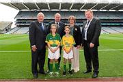 21 September 2014; Uachtarán Chumann Lúthchleas Gael Liam Ó Néill, with, from left, Pat Quill, President of the Ladies Football Association, Alannah O'Shea, Scoil an Ghleaniva, Ballinskellig, Co. Kerry, and Sean Doherty, Scoil Mhuire, Glenties, Co Donegal, Maireád Ó Cullaghan, Secretary of Cumann na mBunscoil, and Sean McMahon, President of the I.N.T.O. during the INTO/RESPECT Exhibition GoGames. Croke Park, Dublin. Picture credit: Pat Murphy / SPORTSFILE