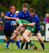20 September 2014; Malcom Hanley, Connacht, is held up by Leinster's Jack Regan, left, and Sean Masterson, right. Under 18 Club Interprovincial, Leinster v Connacht. Naas RFC, Naas, Co. Kildare. Picture credit: Stephen McCarthy / SPORTSFILE