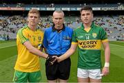 21 September 2014; Donegal Captain Niall Harley, shakes hands with Kerry Captain Liam Kearney, with referee Fergal Kelly before the toss. Electric Ireland GAA Football All Ireland Minor Championship Final, Kerry v Donegal. Croke Park, Dublin. Picture credit: Ray McManus / SPORTSFILE