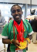 21 September 2014; Team Ireland's Haile Harton, from Artane, Dublin, and a member of Malahide United Special Olympics Club, pictured at Dublin Airport on his return from the 2014 Special Olympics European Games in Antwerp, Belgium. Dublin Airport, Dublin. Picture credit: Tomás Greally / SPORTSFILE