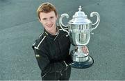 21 September 2014; Stephen Daly, from Dunshaughlin, Co. Meath, holds up the Leinster Trophy after winning the Formula Ford race. Leinster Trophy Car Races, Mondello Park, Donore, Naas, Co. Kildare. Picture credit: Barry Cregg / SPORTSFILE