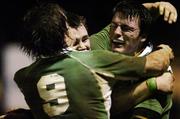 23 February 2007; Ireland's Shane Monahan, right,  celebrates his try against England with team-mates Paul O'Donohoe, 9, and Cian Healy. Under 20 Six Nations Rugby Championship, Ireland v England, Dubarry Park, Athlone, Co. Westmeath. Picture Credit: Matt Browne / SPORTSFILE