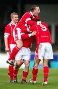 24 February 2007; Barry Johnson jumps on the back of Vincent Sweeney to celebrate his goal. Carnegie Premier League, Cliftonville v Loughgal, Solitude, Belfast, Co Antrim. Picture Credit: Russell Pritchard / SPORTSFILE