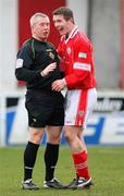 24 February 2007; Sean Cleary, Cliftonville, jokes with Referee Robert Penney. Carnegie Premier League, Cliftonville v Loughgal, Solitude, Belfast, Co Antrim. Picture Credit: Russell Pritchard / SPORTSFILE