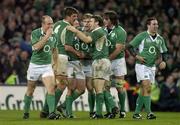 24 February 2007; Ireland players, from left, Denis Hickie, Donncha O'Callaghan, Isaac Boss, Andrew Trimble, Gordon D'Arcy, Neil Best and Paddy Wallace celebrate after Boss scored their side's fourth try. RBS Six Nations Rugby Championship, Ireland v England, Croke Park, Dublin. Picture Credit: Brendan Moran / SPORTSFILE