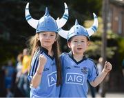 31 August 2014; Dublin supporters Nessa Haverty, aged 8, and her cousin Lochlánn, aged 4, from Finglas, Co. Dublin, on their way to the game. GAA Football All Ireland Senior Championship Semi-Final, Dublin v Donegal, Croke Park, Dublin. Picture credit: Dáire Brennan / SPORTSFILE