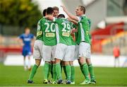 21 September 2014; Rob Lehane, Cork City, is congratulated by team-mates after scoring his side's first goal. SSE Airtricity League Premier Division, Limerick FC v Cork City. Thomond Park, Limerick. Picture credit: Diarmuid Greene / SPORTSFILE