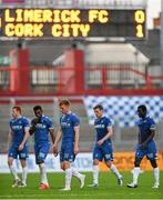 21 September 2014; Limerick FC players, from left to right, Rory Gaffney, Patrick Nzuzi, Darragh Rainsford, Michael Leahy, and Prince Agyemang, leave the pitch after defeat to Cork City. SSE Airtricity League Premier Division, Limerick FC v Cork City. Thomond Park, Limerick. Picture credit: Diarmuid Greene / SPORTSFILE