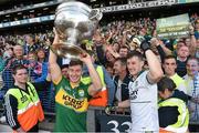 21 September 2014; Kerry and Killarney Legion's James O'Donoghue, left, and Brian Kelly celebrate with the Sam Maguire cup after the game. GAA Football All Ireland Senior Championship Final, Kerry v Donegal. Croke Park, Dublin. Picture credit: Ramsey Cardy / SPORTSFILE
