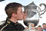 21 September 2014; Stephen Daly, from Dunshaughlin, Co. Meath, kisses the Leinster Trophy after winning the Formula Ford race. Leinster Trophy Car Races, Mondello Park, Donore, Naas, Co. Kildare. Picture credit: Barry Cregg / SPORTSFILE