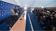 22 September 2014; European team captain Paul McGinley shakes hands with USA team captain Tom Watson during the captains joint press conference. The 2014 Ryder Cup, Day 1. Gleneagles, Scotland. Picture credit: Matt Browne / SPORTSFILE