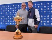 26 September 2014; European team captain Paul McGinley poses with  USA team captain Tom Watson during the captains joint press conference. The 2014 Ryder Cup, Day 1. Gleneagles, Scotland. Picture credit: Matt Browne / SPORTSFILE