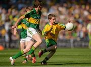 21 September 2014; Conor Hanlon, Scoil Mhuire na Trocaire, Cork, representing Donegal, in action against Mathew Ging, St Brigid's NS, representing Kerry, during the INTO/RESPECT Exhibition GoGames. Croke Park, Dublin. Picture credit: Piaras Ó Mídheach / SPORTSFILE