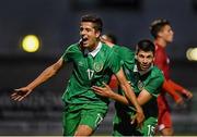 22 September 2014; Zachary Elbouzedi, left, Republic of Ireland, celebrates after scoring his side's first goal with team-mate Conor Davis. UEFA European U17 Championship 2014/15 Qualifying Round, Republic of Ireland v Gibraltar. Athlone Town Stadium, Athlone, Co. Westmeath. Picture credit: David Maher / SPORTSFILE