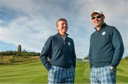 23 September 2014; European team vice captains Des Smyth, left, and Padraig Harrington, during the European team photograph. Previews of the 2014 Ryder Cup Matches. Gleneagles, Scotland. Picture credit: Matt Browne / SPORTSFILE