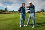 23 September 2014; European team vice captains Des Smyth, left, and Padraig Harrington, during the European team photograph. Previews of the 2014 Ryder Cup Matches. Gleneagles, Scotland. Picture credit: Matt Browne / SPORTSFILE