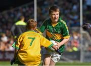 21 September 2014; Aidan McLarnon, St Andrew’s Curragha NS, Co. Meath, representing Kerry, in action against Niall O’Regan, Scoil na Mainistreach, Co. Kildare, representing Donegal, during the INTO/RESPECT Exhibition GoGames. Croke Park, Dublin. Picture credit: Ramsey Cardy / SPORTSFILE