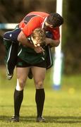 26 February 2007; Ireland's Rob Kearney climbs on Andrew Trimble's back during squad training. Ireland Rugby Training, St Gerard's School, Bray, Co. Wicklow. Picture credit: Pat Murphy / SPORTSFILE