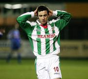 26 February 2007; Roy O'Donovan, Cork City, holds his head after missing an open goal. Setanta Cup Group 2, Dungannon Swifts v Cork City, Strangmore Park, Dungannon, Co. Tyronne. Picture credit: Oliver McVeigh / SPORTSFILE