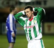 26 February 2007; Roy O'Donovan, Cork City, holds his head after missing an open goal. Setanta Cup Group 2, Dungannon Swifts v Cork City, Strangmore Park, Dungannon, Co. Tyronne. Picture credit: Oliver McVeigh / SPORTSFILE