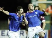 26 February 2007; Linfields Aidan O'Kane celebrates with team-mate Thomas Stewart after scoring his side's goal. Setanta Cup Group 1, Drogheda United v Linfield, United Park, Drogheda, Co. Louth. Photo by Sportsfile