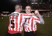 26 February 2007; Sean Hargan, Derry City, gets a hug from team-mate Dave Rogers. Setanta Cup Group 1, Glentoran v Derry City, The Oval, Belfast, Co. Antrim. Picture credit: Russell Pritchard / SPORTSFILE