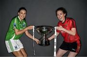 23 September 2014; In attendence at a photocall ahead of the TG4 All-Ireland Junior, Intermediate and Senior Ladies Football Championship Finals on Sunday next, are Intermediate Finalists Aisling Moane, left, Fermanagh, and Niamh McGowan, Down, with the Mary Quinn Memorial Cup. Croke Park, Dublin. Picture credit: Brendan Moran / SPORTSFILE