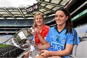 23 September 2014; In attendence at a photocall ahead of the TG4 All-Ireland Junior, Intermediate and Senior Ladies Football Championship Finals on Sunday next, are Senior Finalists Roisin Phelan, left, Cork and Sinead Goldrick, Dublin, with the Brendan Martin Cup. Croke Park, Dublin. Picture credit: Brendan Moran / SPORTSFILE