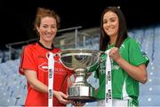 23 September 2014; In attendence at a photocall ahead of the TG4 All-Ireland Junior, Intermediate and Senior Ladies Football Championship Finals on Sunday next, are Intermediate Finalists Niamh McGowan, left, Down and Aisling Moane, Fermanagh, with the Mary Quinn Memorial Cup. Croke Park, Dublin. Picture credit: Brendan Moran / SPORTSFILE
