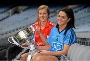 23 September 2014; In attendence at a photocall ahead of the TG4 All-Ireland Junior, Intermediate and Senior Ladies Football Championship Finals on Sunday next, are senior finalists Roisin Phelan, left, Cork and Sinead Goldrick, Dublin, with the Brendan Martin Cup. Croke Park, Dublin. Picture credit: Brendan Moran / SPORTSFILE