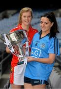 23 September 2014; In attendence at a photocall ahead of the TG4 All-Ireland Junior, Intermediate and Senior Ladies Football Championship Finals on Sunday next, are senior finalists Roisin Phelan, left, Cork and Sinead Goldrick, Dublin, with the Brendan Martin Cup. Croke Park, Dublin. Picture credit: Brendan Moran / SPORTSFILE