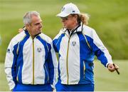 23 September 2014; European team captain Paul McGinley with assistant captains Miguel Angel Jimenez on the 11th green during the European teams practice. Previews of the 2014 Ryder Cup Matches. Gleneagles, Scotland. Picture credit: Matt Browne / SPORTSFILE