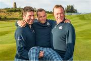 23 September 2014; Europe's Spanish contingent, player Sergio Garcia with assistant captains Jose Maria Olazabal and Miguel Angel Jimenez, during the European team photograph. Previews of the 2014 Ryder Cup Matches. Gleneagles, Scotland. Picture credit: Matt Browne / SPORTSFILE