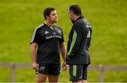 23 September 2014; Munster's Eusebio Guinazu in conversation with team manager Niall O'Donovan during squad training ahead of their side's Guinness PRO12, Round 4, match against Ospreys on Saturday. Munster Rugby Squad Training and Press Conference, University of Limerick, Limerick. Picture credit: Diarmuid Greene / SPORTSFILE