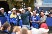 23 September 2014; Victor Dubuisson, Team Europe, watches his tee shot from the 11th tee box during the European team's practice. Previews of the 2014 Ryder Cup Matches. Gleneagles, Scotland. Picture credit: Matt Browne / SPORTSFILE