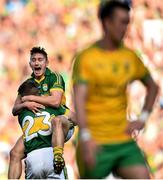 21 September 2014; Kerry's James O'Donoghue, right, celebrates with team-mate Kieran O'Leary at the final whistle. GAA Football All Ireland Senior Championship Final, Kerry v Donegal. Croke Park, Dublin. Picture credit: Ramsey Cardy / SPORTSFILE