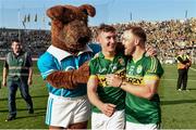 21 September 2014; Kerry's James O'Donoghue, left, and Darran O'Sullivan, with Fionn the Irish Terrier, the GAA’s new official mascot, after the match. GAA Football All Ireland Senior Championship Final, Kerry v Donegal. Croke Park, Dublin. Picture credit: Ramsey Cardy / SPORTSFILE