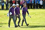 24 September 2014; Rory McIlroy, center, Pádraig Harrington, left, and Graham McDowell, Team Europe, make their way down the ninth fairway. Previews of the 2014 Ryder Cup Matches. Gleneagles, Scotland. Picture credit: Matt Browne / SPORTSFILE