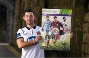 24 September 2014; EA SPORTS celebrates the launch of FIFA 15 with the creation of an exclusive League of Ireland FIFA 15 cover, featuring Barry Murphy from Shamrock Rovers and Richie Towell from Dundalk. Football fans can download this special sleeve for Xbox One or PlayStation 4 exclusively from the HMV Xtra-vision site blog.hmv.ie from midnight on Wednesday 24th September, with all other formats available from midnight on Thursday 25th. The league of Ireland FIFA 15 cover will also appear on shelves in the HMV Xtra-Vision Belgard Road and Dundalk stores when the game launches this Friday. At the launch event in House Dublin was Dundalk's Richie Towell. Picture credit: Stephen McCarthy / SPORTSFILE