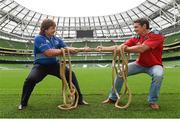 24 September 2014; Ahead of the Leinster Rugby v Munster Rugby game in the Guinness PRO12 on the 4th October in the Aviva Stadium, former Leinster and Ireland hooker Shane Byrne was joined by former Munster and Ireland flanker David Wallace to look back on classic Leinster – Munster derby moments. Tickets for the game, sales of which have now passed the 37,000 mark, are on sale at www.leinsterrugby.ie tickets for the game which takes place on the 4th October with a 6.30pm kick off. Pictured are former Leinster and Ireland hooker Shane Byrne, left, and former Munster and Ireland flanker David Wallace. Aviva Stadium, Lansdowne Road, Dublin. Picture credit: Pat Murphy / SPORTSFILE