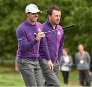 24 September 2014; Team Europe's Rory McIlroy and Graeme McDowell make their way down the seventeenth fairway during European Team practice. Previews of the 2014 Ryder Cup Matches. Gleneagles, Scotland. Picture credit: Matt Browne / SPORTSFILE
