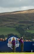 24 September 2014; Team Europe's Rory McIlroy tees off on the 15th, watched by team-mate Martin Kaymer, during European Team practice. Previews of the 2014 Ryder Cup Matches. Gleneagles, Scotland. Picture credit: Matt Browne / SPORTSFILE