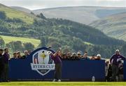 24 September 2014; Team Europe's Victor Dubuisson watches his tee shot from the 12th during European Team practice. Previews of the 2014 Ryder Cup Matches. Gleneagles, Scotland. Picture credit: Matt Browne / SPORTSFILE