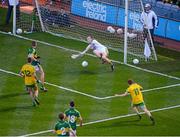 21 September 2014; Shane Ryan, Kerry, saves a goal shot from Lorcán Connor, Donegal. Electric Ireland GAA Football All Ireland Minor Championship Final, Kerry v Donegal. Croke Park, Dublin. Picture credit: Dáire Brennan / SPORTSFILE