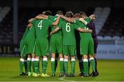 24 September 2014; The Republic of Ireland team gather together in a huddle before the game. UEFA European U17 Championship 2014/15 Qualifying Round, Republic of Ireland v Faroe Islands. Eamonn Deacy Park, Galway. Picture credit: Diarmuid Greene / SPORTSFILE